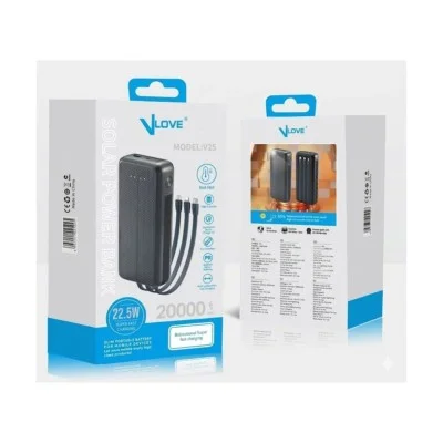 Vlove 30,000mAh Solar Power Bank with 3 in 1 Build Cables - Black